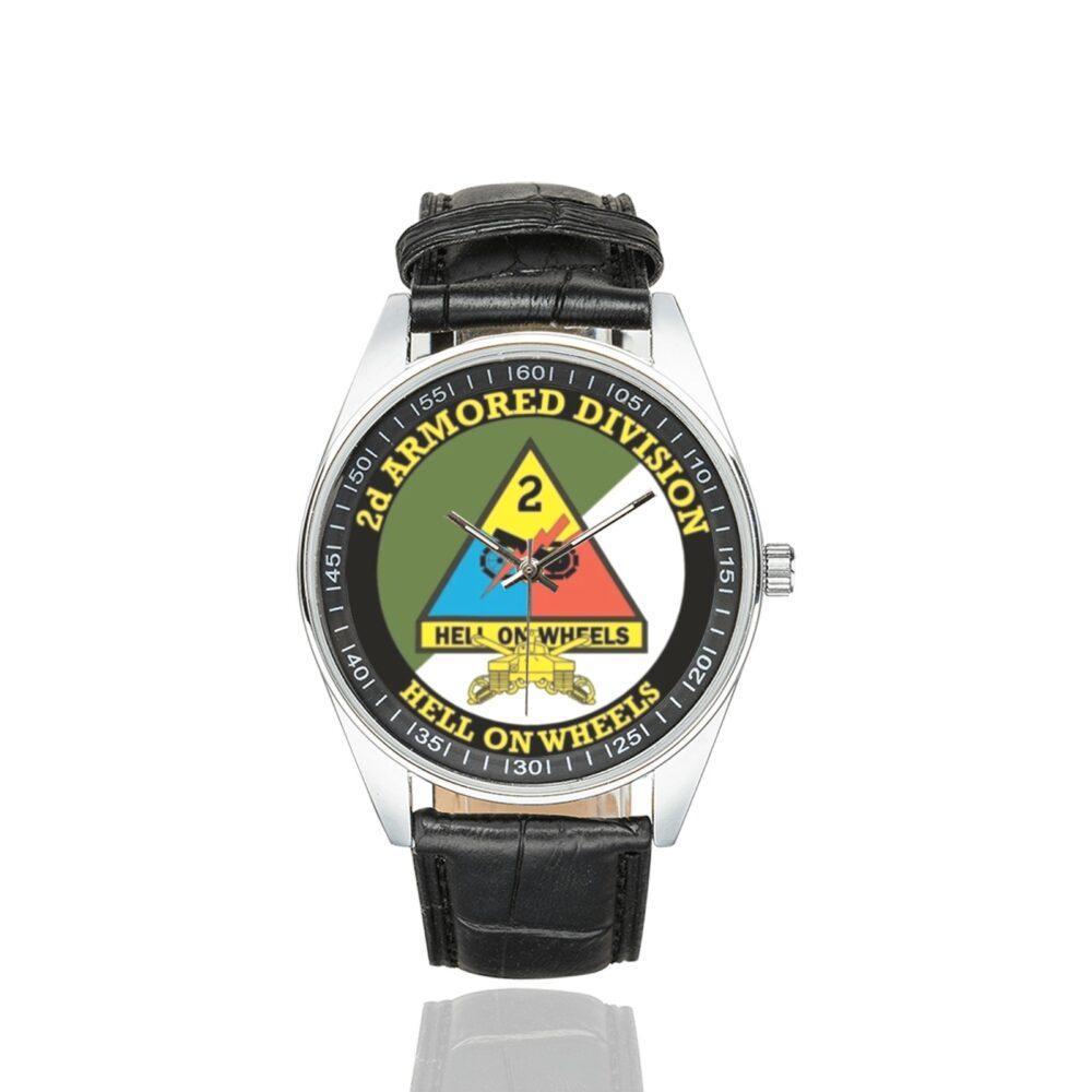 Men's casual watch with a round dial featuring the US Army 2D Armored Division- emblem, silver-tone case and black leather strap.