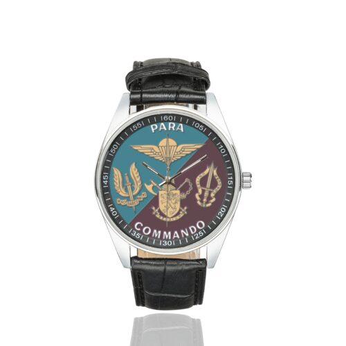 Men's casual watch with a round dial featuring the Belgian Joint Para Commando emblem, silver-tone case and black leather strap.