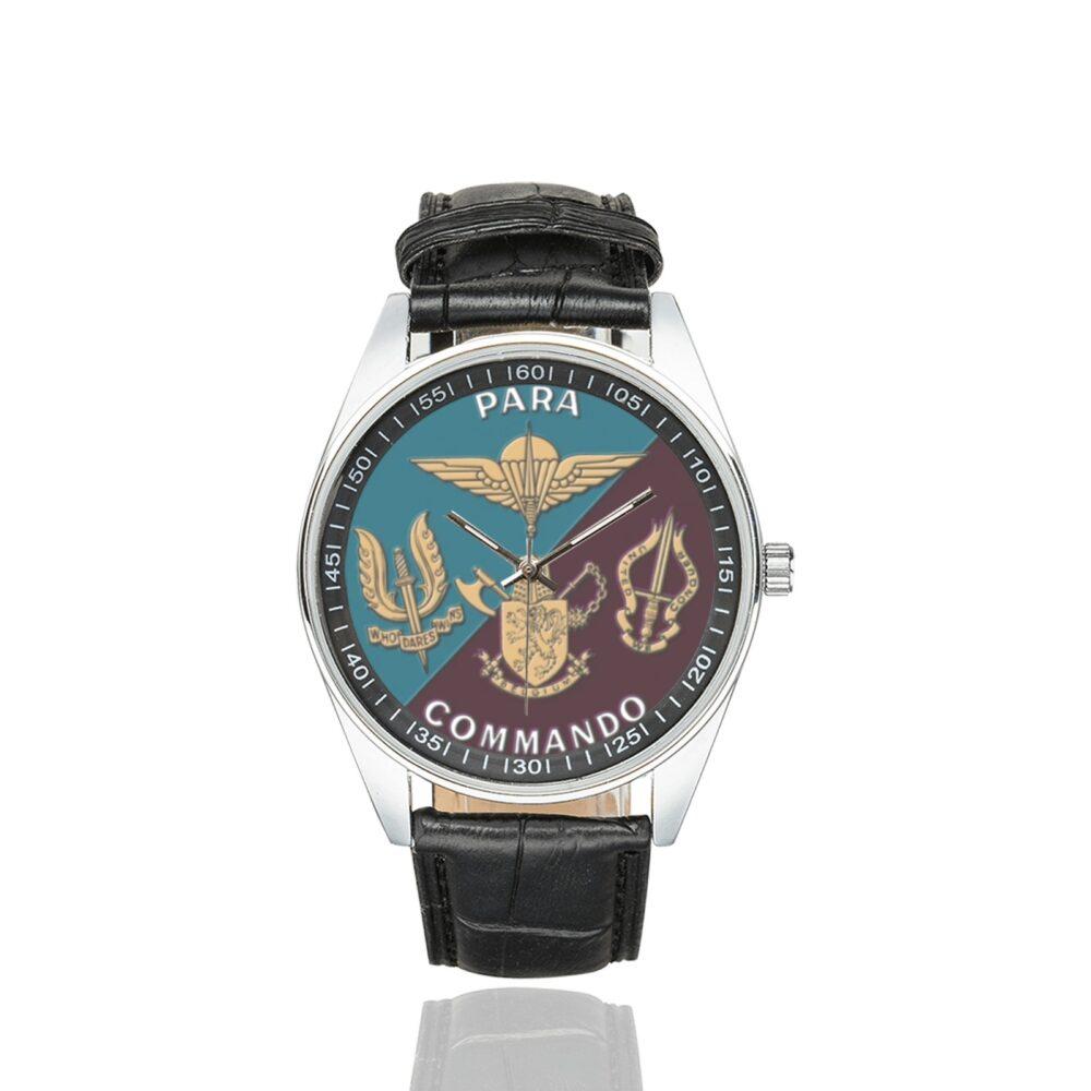 Men's casual watch with a round dial featuring the Belgian Joint Para Commando emblem, silver-tone case and black leather strap.