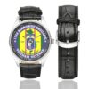 Men's casual watch with a round dial featuring the US Army 173 Airborne BBDE Vietnam emblem, silver-tone case and black leather strap, shown with the strap to the side.