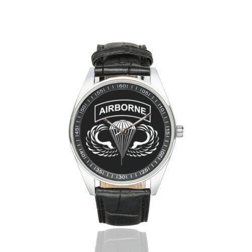 Men's casual watch with a round dial featuring the Airborne emblem, silver-tone case and black leather strap.