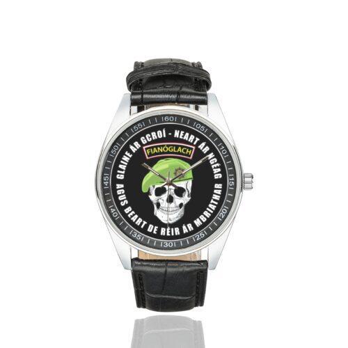 Men's casual watch with a round dial featuring the Irish Army Ranger Sciathán Fiannóglaigh an Airm emblem, silver-tone case and black leather strap.