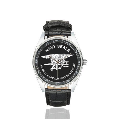 Men's casual watch with a round dial featuring the Navy SEAL The Only Easy Day Was Yesterday emblem, silver-tone case and black leather strap.
