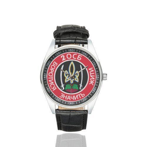 Men's casual watch with a round dial featuring the Ukraine Volyn 2nd Separate Rifle Battalion emblem, silver-tone case and black leather strap.
