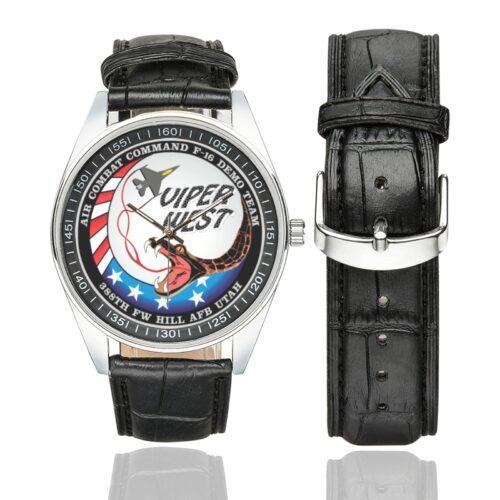 Men's casual watch with a round dial featuring the USAF Air Combat Command Hill AFB, Utah emblem, silver-tone case and black leather strap, shown with the strap to the side.