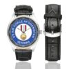 Men's casual watch with a round dial featuring the USAF Afghanistan Veteran emblem, silver-tone case and black leather strap, shown with the strap to the side.