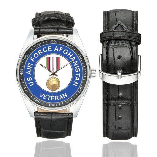 Men's casual watch with a round dial featuring the USAF Afghanistan Veteran emblem, silver-tone case and black leather strap, shown with the strap to the side.
