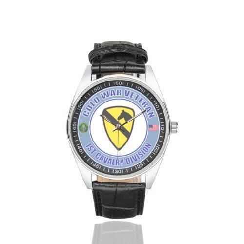 Men's casual watch with a round dial featuring the US Army 1st Cavalry Division Cold War Vet emblem, silver-tone case and black leather strap.