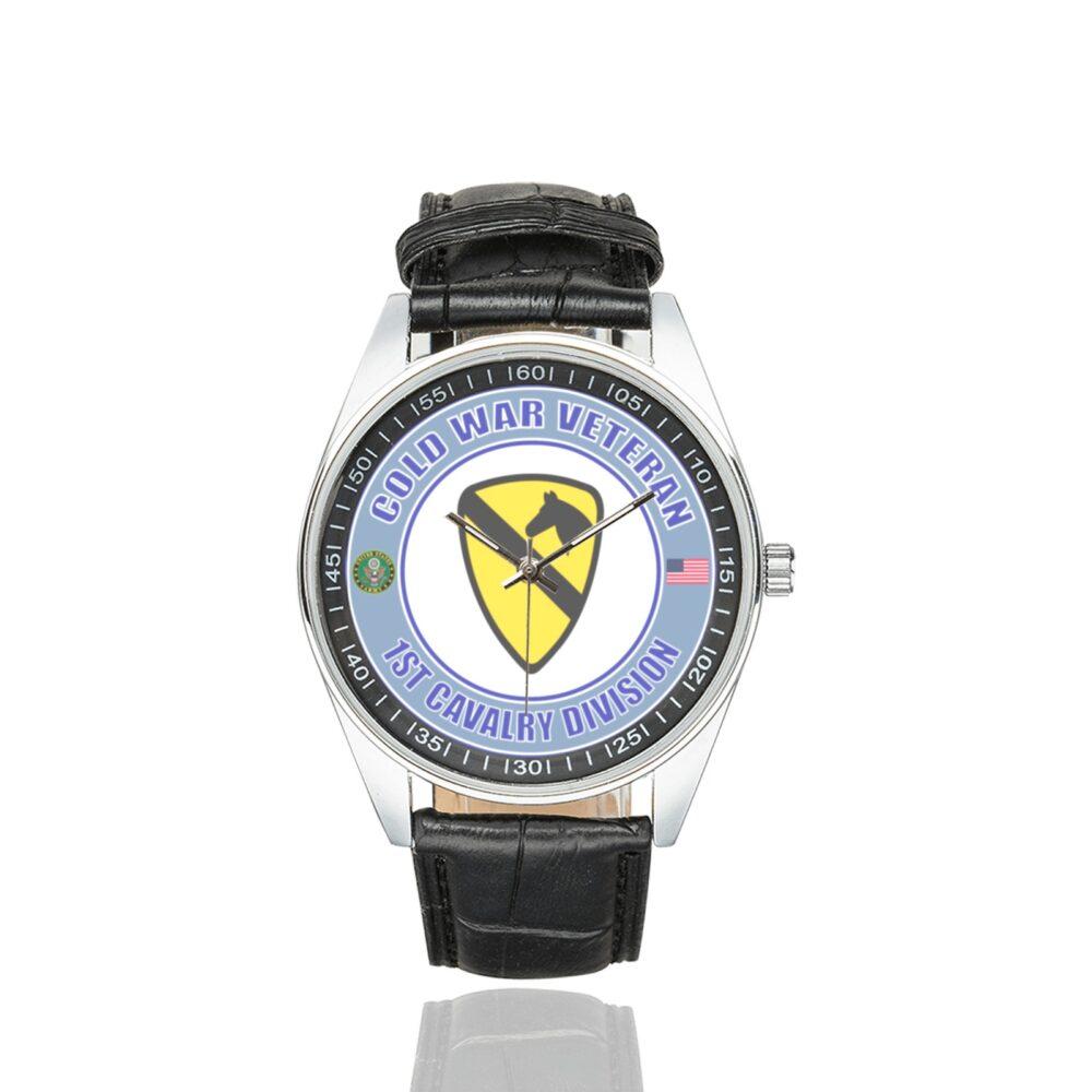 Men's casual watch with a round dial featuring the US Army 1st Cavalry Division Cold War Vet emblem, silver-tone case and black leather strap.