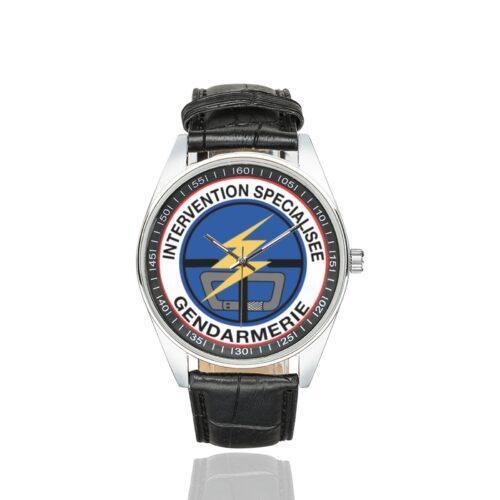 Men's casual watch with a round dial featuring the PI2G emblem, silver-tone case and black leather strap.