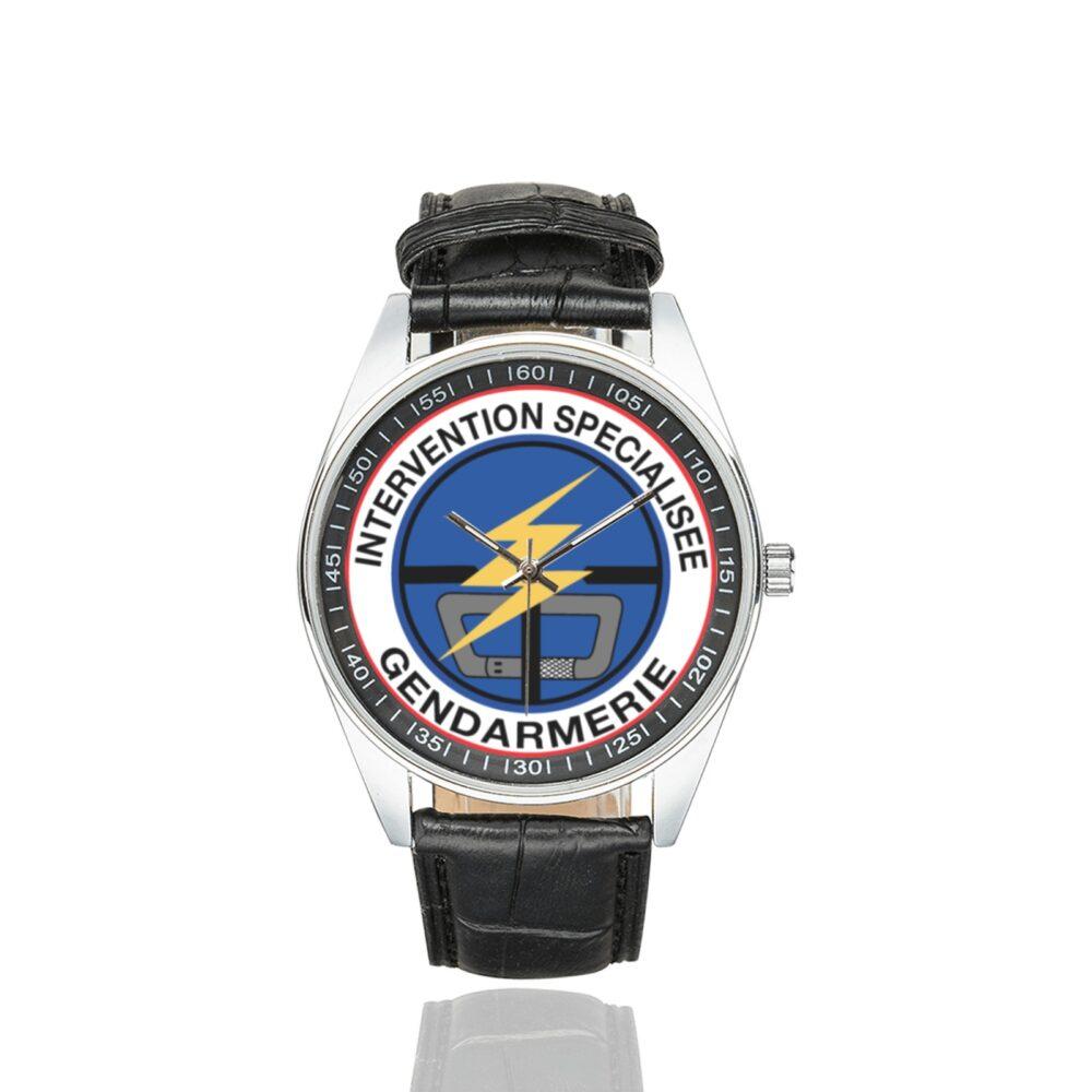 Men's casual watch with a round dial featuring the PI2G emblem, silver-tone case and black leather strap.