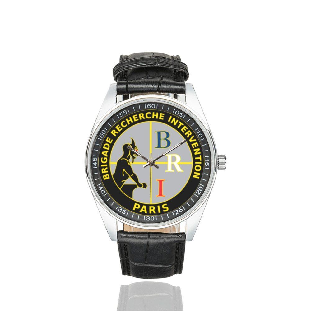Men's casual watch with a round dial featuring the Brigade de Recherche et d'Intervention (PP) emblem, silver-tone case and black leather strap.
