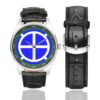 Men's casual watch with a round dial featuring the 35th Infantry Division SSI emblem, silver-tone case and black leather strap, shown with the strap to the side.