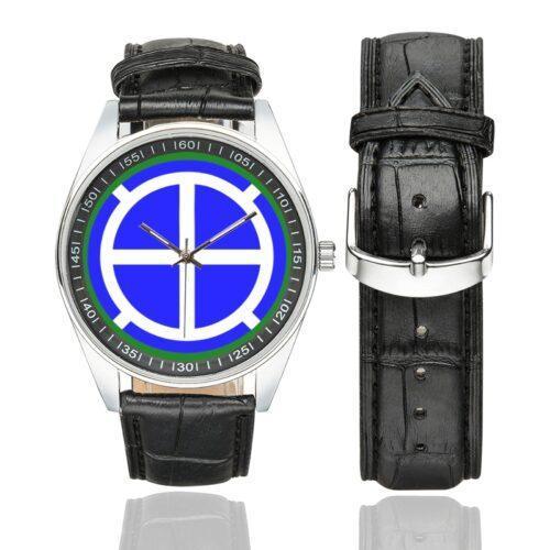 Men's casual watch with a round dial featuring the 35th Infantry Division SSI emblem, silver-tone case and black leather strap, shown with the strap to the side.