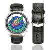 Men's casual watch with a round dial featuring the USAF 47th Tactical Fighter Squadron emblem, silver-tone case and black leather strap, shown with the strap to the side.