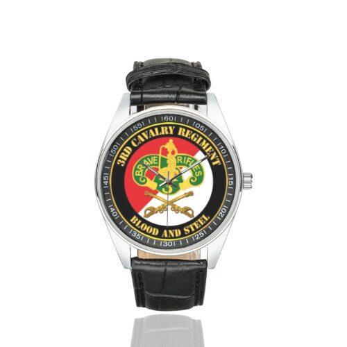Men's casual watch with a round dial featuring the US Army 3rd Cavalry Regiment emblem, silver-tone case and black leather strap.