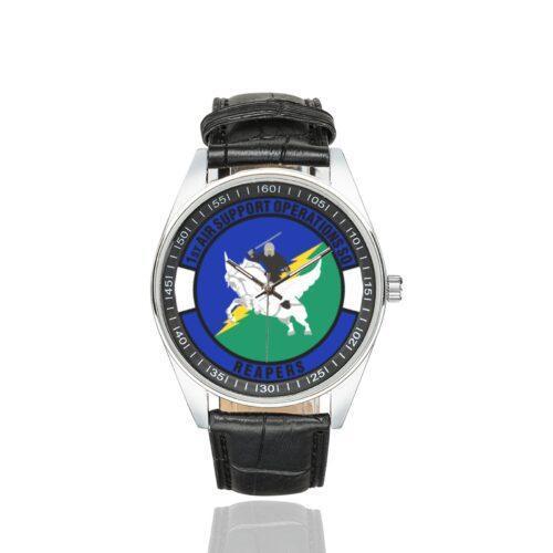 Men's casual watch with a round dial featuring the USAF 1st Air Support Operations Squadron emblem, silver-tone case and black leather strap.