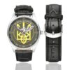 Men's casual watch with a round dial featuring the 2nd Squadron of International Legion emblem, silver-tone case and black leather strap, shown with the strap to the side.