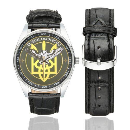 Men's casual watch with a round dial featuring the 2nd Squadron of International Legion emblem, silver-tone case and black leather strap, shown with the strap to the side.