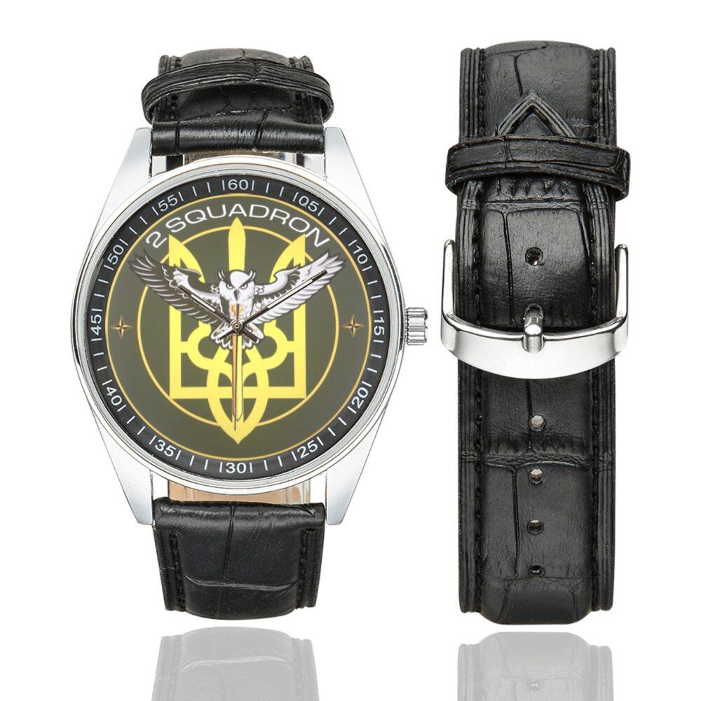 Men's casual watch with a round dial featuring the 2nd Squadron of International Legion emblem, silver-tone case and black leather strap, shown with the strap to the side.