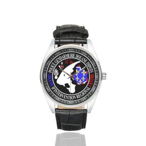 Men's casual watch with a round dial featuring the GIR Centre-Val de Loire emblem, silver-tone case and black leather strap.
