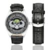 Men's casual watch with a round dial featuring the US Army 1st Special Forces Group Delta Force emblem, silver-tone case and black leather strap, shown with the strap to the side.