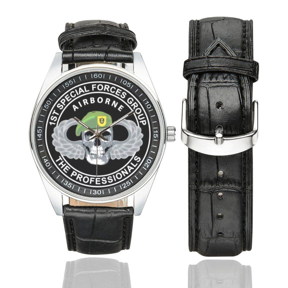 Men's casual watch with a round dial featuring the US Army 1st Special Forces Group Delta Force emblem, silver-tone case and black leather strap, shown with the strap to the side.
