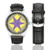 Men's casual watch with a round dial featuring the US 46th Infantry Division emblem, silver-tone case and black leather strap, shown with the strap to the side.