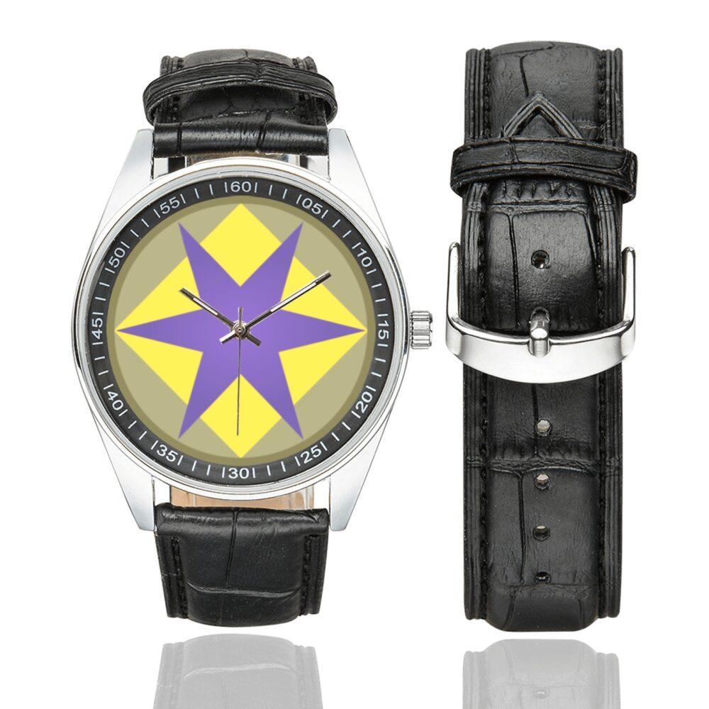 Men's casual watch with a round dial featuring the US 46th Infantry Division emblem, silver-tone case and black leather strap, shown with the strap to the side.