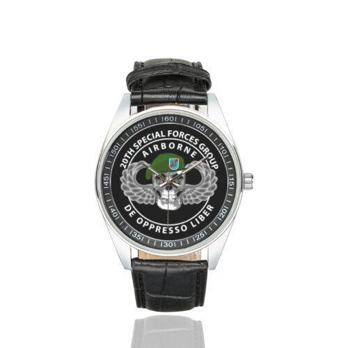 Men's casual watch with a round dial featuring the 20th Special Forces Group emblem, silver-tone case and black leather strap.