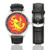Men's casual watch with a round dial featuring the 22nd Inf Div SSI emblem, silver-tone case and black leather strap, shown with the strap to the side.