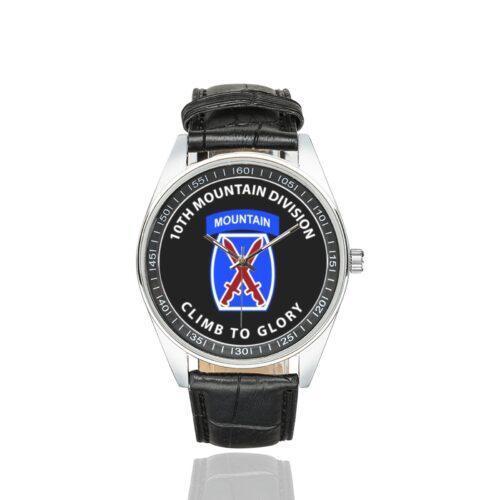 Men's casual watch with a round dial featuring the 10th mountain div emblem, silver-tone case and black leather strap.