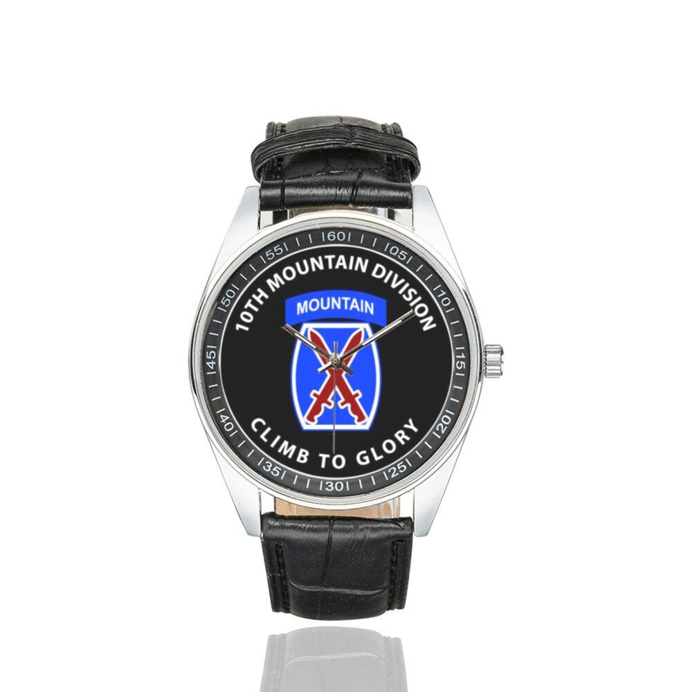 Men's casual watch with a round dial featuring the 10th mountain div emblem, silver-tone case and black leather strap.
