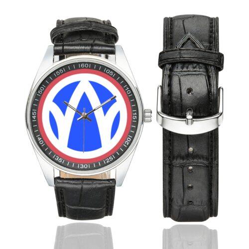 Men's casual watch with a round dial featuring the 89th Regional Readiness Command SSI emblem, silver-tone case and black leather strap, shown with the strap to the side.