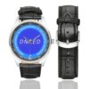 Men's casual watch with a round dial featuring the DNRED emblem, silver-tone case and black leather strap, shown with the strap to the side.