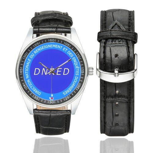 Men's casual watch with a round dial featuring the DNRED emblem, silver-tone case and black leather strap, shown with the strap to the side.