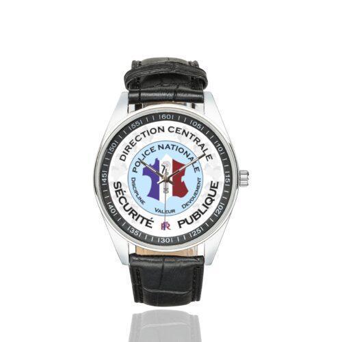 Men's casual watch with a round dial featuring the Direction Centrale de la Sécurité Publique (DCSP) emblem, silver-tone case and black leather strap.