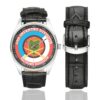 Men's casual watch with a round dial featuring the US Army 24th Infantry Division Veteran - emblem, silver-tone case and black leather strap, shown with the strap to the side.