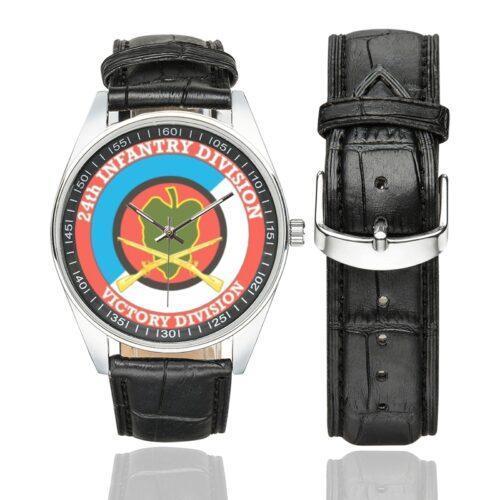 Men's casual watch with a round dial featuring the US Army 24th Infantry Division Veteran - emblem, silver-tone case and black leather strap, shown with the strap to the side.