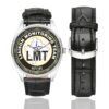 Men's casual watch with a round dial featuring the NATO KFOR Liason Monitoring emblem, silver-tone case and black leather strap, shown with the strap to the side.