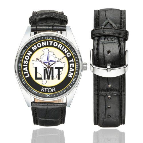 Men's casual watch with a round dial featuring the NATO KFOR Liason Monitoring emblem, silver-tone case and black leather strap, shown with the strap to the side.