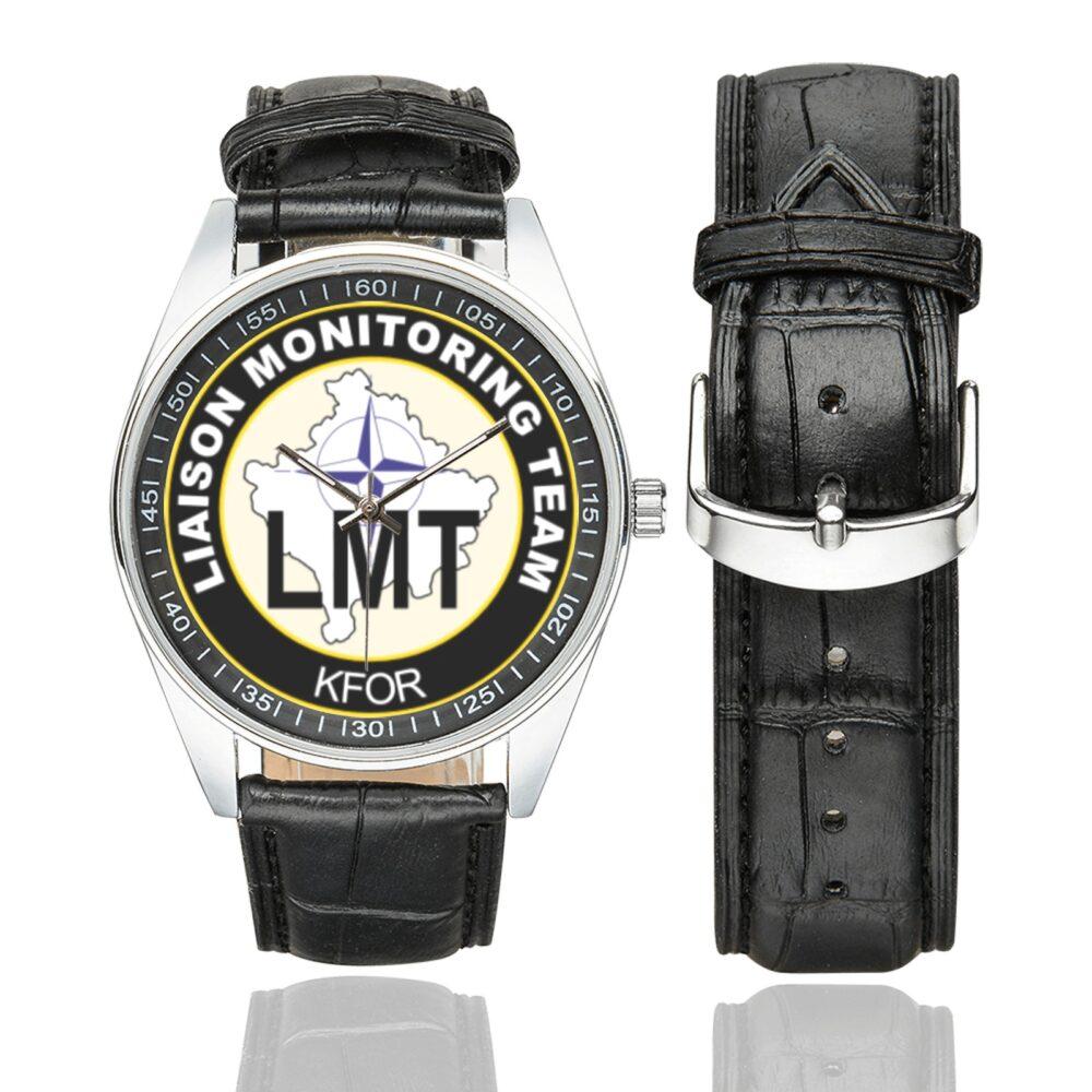 Men's casual watch with a round dial featuring the NATO KFOR Liason Monitoring emblem, silver-tone case and black leather strap, shown with the strap to the side.