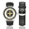 Men's casual watch with a round dial featuring the Belgian Army High Command emblem, silver-tone case and black leather strap, shown with the strap to the side.