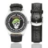Men's casual watch with a round dial featuring the Irish Army Ranger Sciathán Fiannóglaigh an Airm emblem, silver-tone case and black leather strap, shown with the strap to the side.