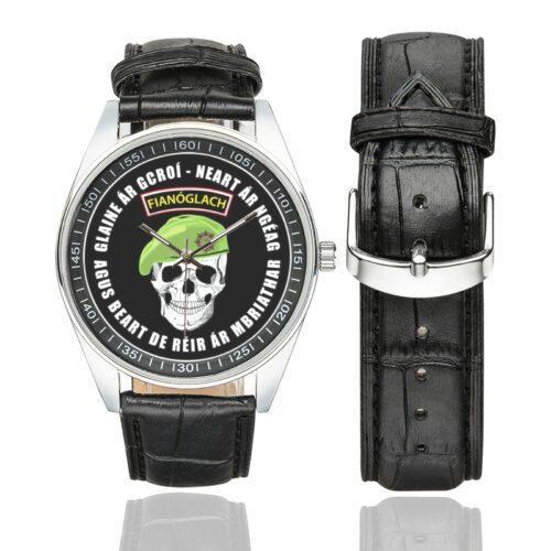 Men's casual watch with a round dial featuring the Irish Army Ranger Sciathán Fiannóglaigh an Airm emblem, silver-tone case and black leather strap, shown with the strap to the side.