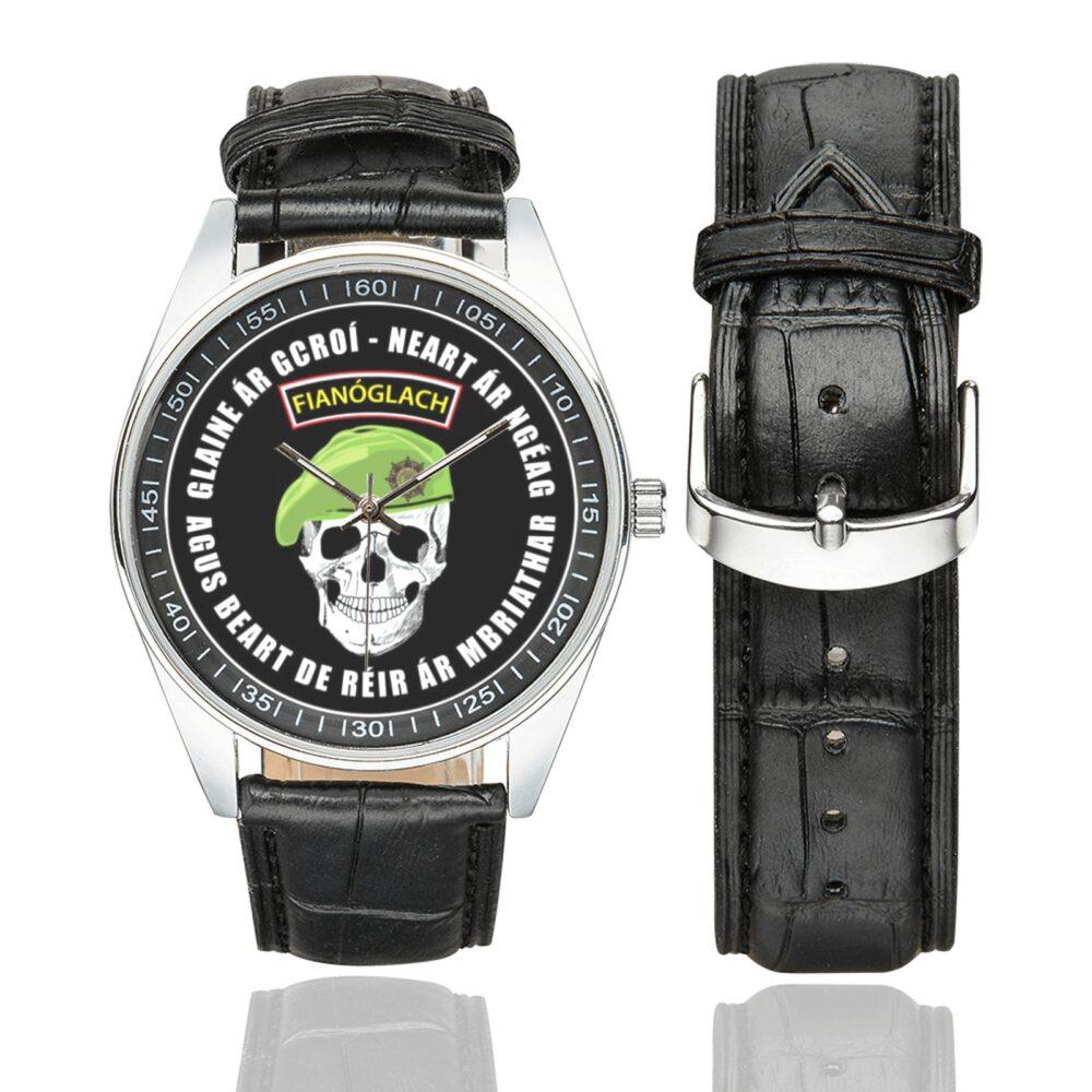 Men's casual watch with a round dial featuring the Irish Army Ranger Sciathán Fiannóglaigh an Airm emblem, silver-tone case and black leather strap, shown with the strap to the side.