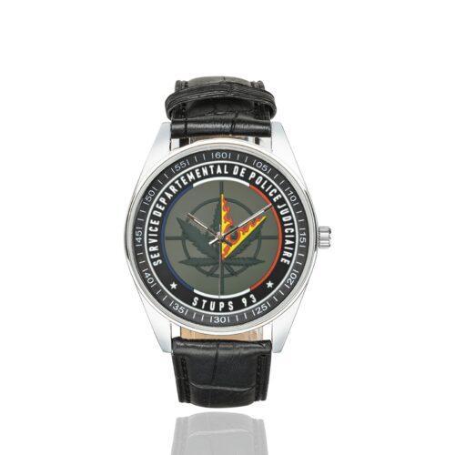 Men's casual watch with a round dial featuring the Stups 93 emblem, silver-tone case and black leather strap.