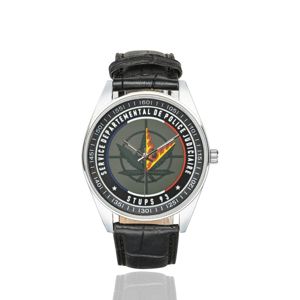 Men's casual watch with a round dial featuring the Stups 93 emblem, silver-tone case and black leather strap.