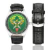 Men's casual watch with a round dial featuring the Ukraine 3rd Border Detachment Pomsta Brigade emblem, silver-tone case and black leather strap, shown with the strap to the side.