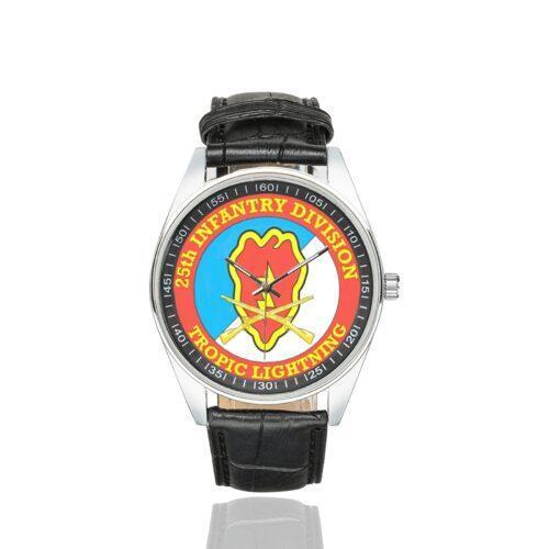 Men's casual watch with a round dial featuring the US Army 25th Infantry Division Veteran emblem, silver-tone case and black leather strap.
